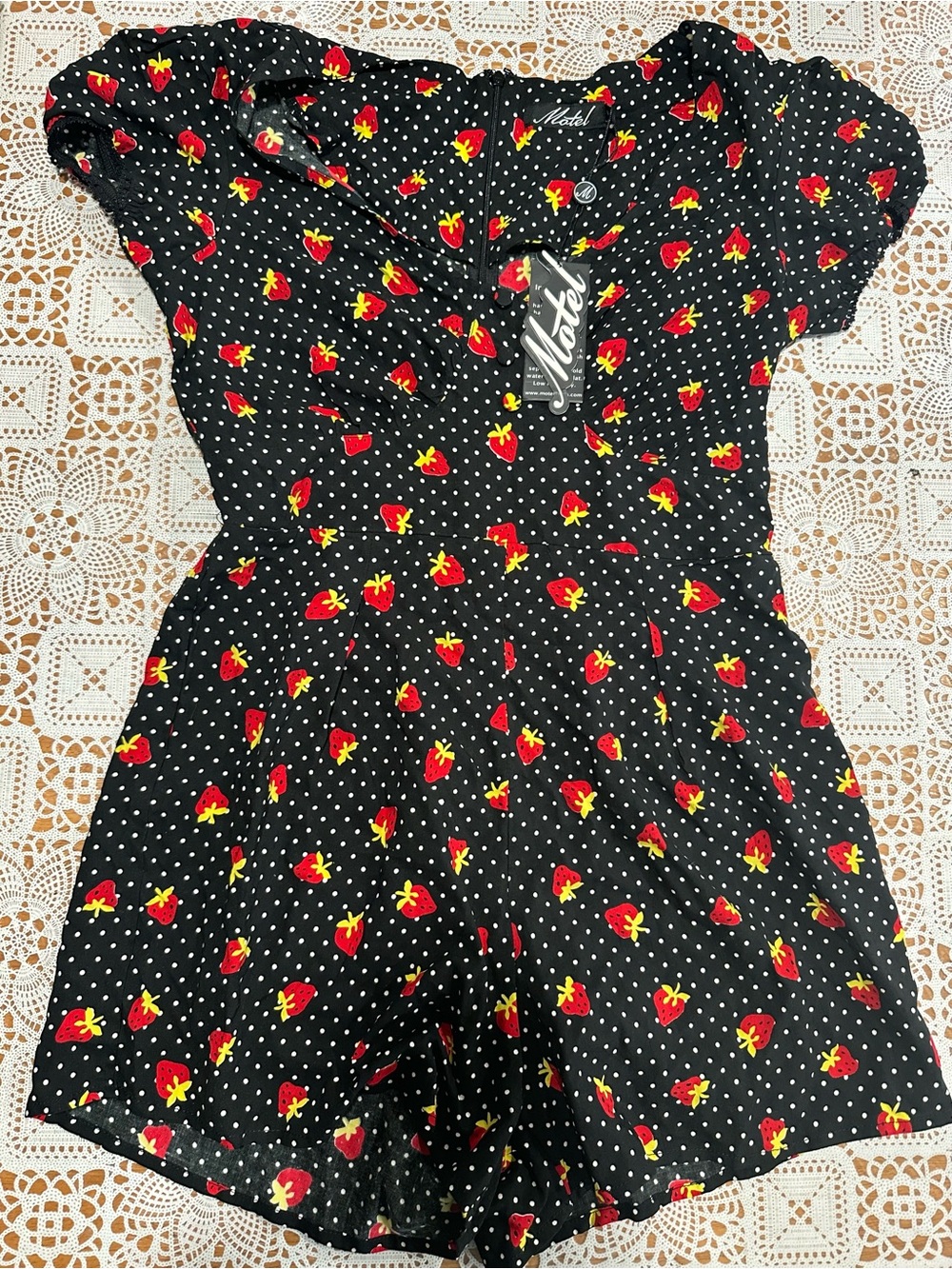 Motel NWT Strawberry Polka Dot Romper Black Red Cottagecore M